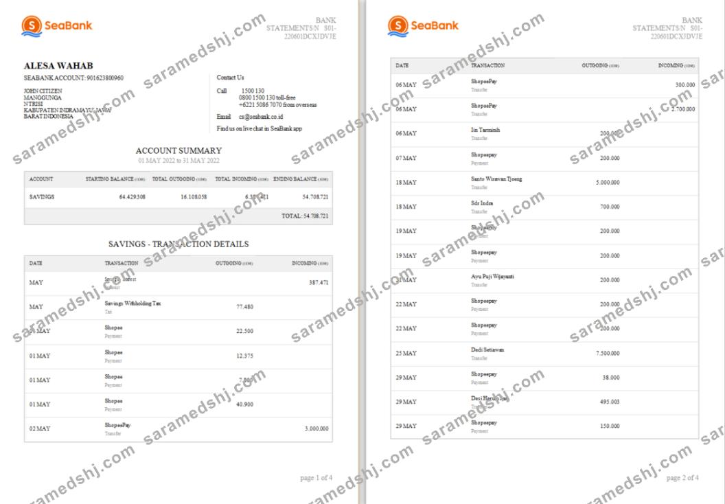 Indonesia Seabank statement Word and PDF template, 4 pages  1 2 scr